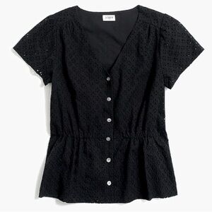 J.Crew Factory Women's Black Short Sleeve Eyelet Lined Button Front Top Size 14